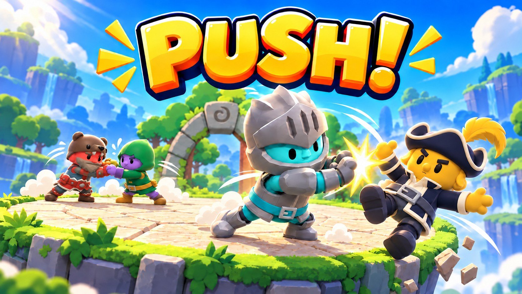PUSH! – a knight pushes a pirate off the stone arena