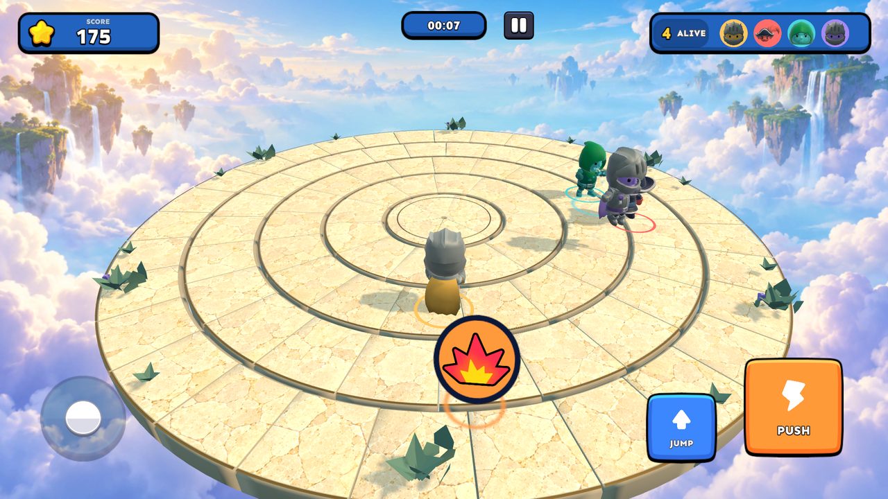 Four fighters on the floating stone arena